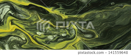 Dark olive green and khaki abstract fluid art background with liquid marble texture effect in acrylic pour painting style 141559648