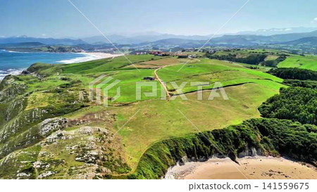 Breathtaking Coastal Landscape Featuring Beautiful Lush Green Fields and a Sandy Beach Breathtaking Coastal Landscape Featuring Beautiful Lush Green Fields and a Sandy Beach 141559675