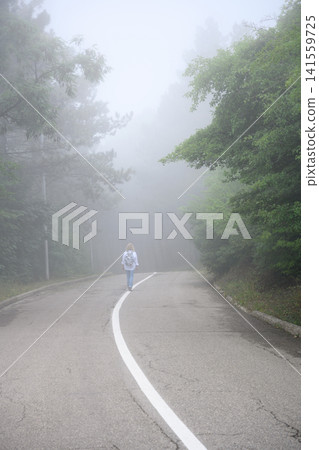 Vertical view of a woman walking on a foggy road. Lone traveler with backpack on a misty forest path. Journey and mystery concept. Copy space for text Vertical view of a woman walking on a foggy road. Lone traveler with backpack on a misty forest path. Journey and mystery concept. Copy space for text 141559725