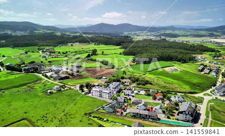 A stunning aerial view reveals a vibrant coastal landscape with lush greenery and a beach A stunning aerial view reveals a vibrant coastal landscape with lush greenery and a beach 141559841