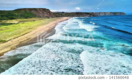 Breathtaking Aerial View of a Serene Beach with Gentle Ocean Waves and Scenic Beauty Breathtaking Aerial View of a Serene Beach with Gentle Ocean Waves and Scenic Beauty 141560048
