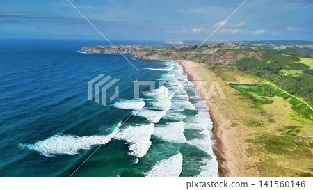 Stunning and breathtaking Aerial View of the Serene Beach with gentle Waves crashing Stunning and breathtaking Aerial View of the Serene Beach with gentle Waves crashing 141560146