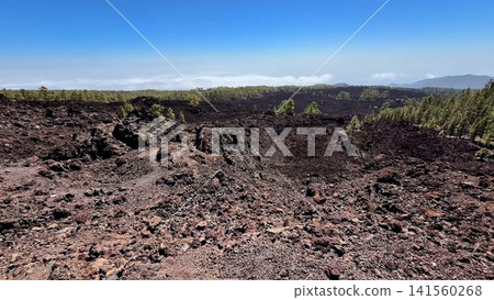 A stunning volcanic landscape characterized by a breathtaking lush forest background 141560268