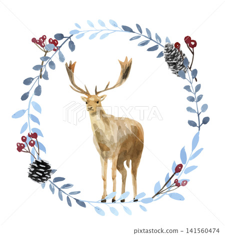 Deer illustration (watercolor style, winter wreath and berries) Deer illustration (watercolor style, winter wreath and berries) 141560474