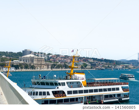 Ferry boat docked at Istanbul waterfront with city skyline in background Ferry boat docked at Istanbul waterfront with city skyline in background 141560805