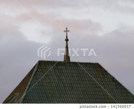 Detailed view of historic copper spire and aged roof tiles emphasizing architectural preservation 141560837