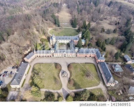 Captivating aerial photograph showcasing estate nestled among woodland with gardens leading to forest edge Captivating aerial photograph showcasing estate nestled among woodland with gardens leading to forest edge 141560951