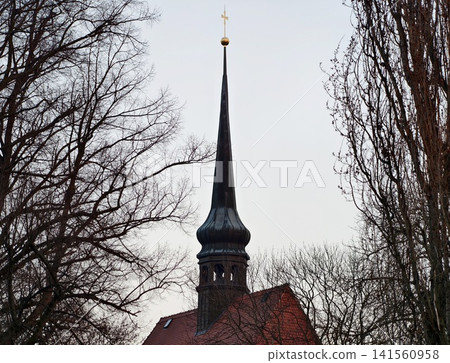 Winter village scene. Tranquil winter village setting showcasing church spire and stark bare branches Winter village scene. Tranquil winter village setting showcasing church spire and stark bare branches 141560958