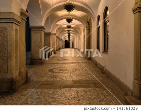 Stylish lit passage. Classy corridor adorned with impactful lighting and comforting vintage wall sconces Stylish lit passage. Classy corridor adorned with impactful lighting and comforting vintage wall sconces 141561029