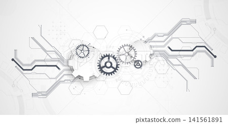 Technology background with grey gears, circuit board lines, geometric circles. Vector 141561891