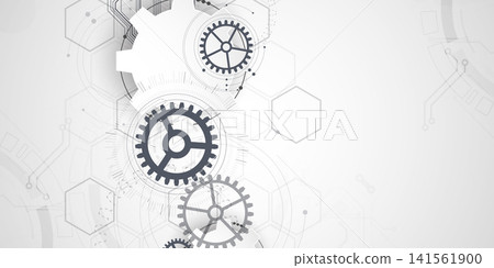 Technology background with grey gears, circuit board lines, geometric circles. Vector 141561900
