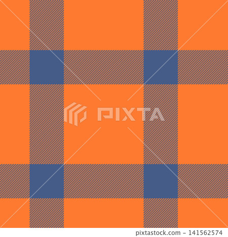 Regular seamless vector plaid, trousers background tartan texture. Straight pattern check textile fabric in orange peel and blue colors. Regular seamless vector plaid, trousers background tartan texture. Straight pattern check textile fabric in orange peel and blue colors. 141562574
