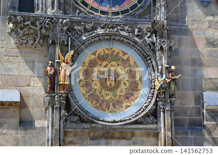 Close up of Prague astronomical clock zodiac dial with sculpted figures for history poster and museum display background Close up of Prague astronomical clock zodiac dial with sculpted figures for history poster and museum display background 141562753