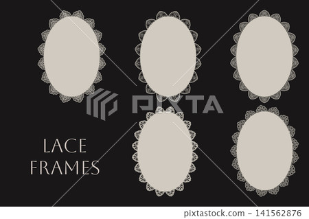 Beige oval lace frame set features vintage floral labels on black background Beige oval lace frame set features vintage floral labels on black background 141562876