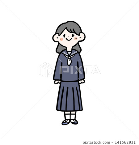 Illustration of a female student in a sailor uniform standing with a smile | Hand-drawn, middle/high school student, uniform 141562931