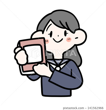 一位微笑的女學生手捧一本書的插圖 | 手繪,學習主題,貼紙風格 一位微笑的女學生手捧一本書的插圖 | 手繪,學習主題,貼紙風格 141562966