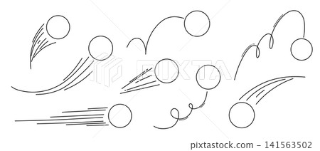 Set of hand drawn sports balls with motion and bounce lines, black outline vector icons for football, soccer and tennis designs. Set of hand drawn sports balls with motion and bounce lines, black outline vector icons for football, soccer and tennis designs. 141563502