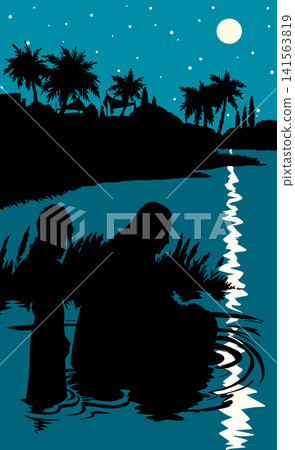 Vector drawing. Mother and little Moses in a basket 141563819