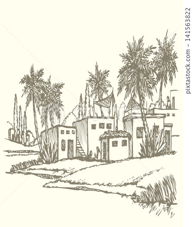 Vector drawing. Old village at river Vector drawing. Old village at river 141563822