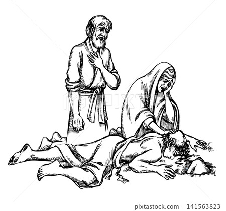 Vector drawing. People look at man laying on the ground Vector drawing. People look at man laying on the ground 141563823