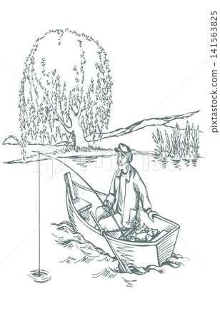 Vector drawing. Fisherman in the boat Vector drawing. Fisherman in the boat 141563825
