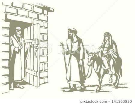 Vector drawing. Man at the door meet Mary and Joseph Vector drawing. Man at the door meet Mary and Joseph 141563850