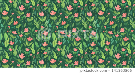 floral pattern with variety of abstract leaves and flowers on dark green background for spring and summer pattern design floral pattern with variety of abstract leaves and flowers on dark green background for spring and summer pattern design 141563866