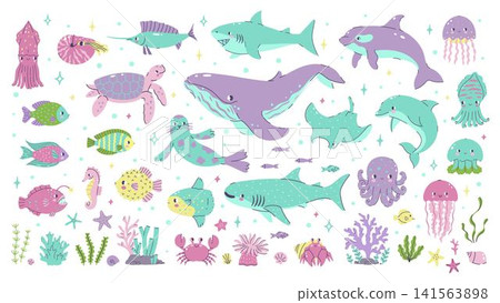 A large set of marine animals and seaweed. Vector graphics. A large set of marine animals and seaweed. Vector graphics. 141563898
