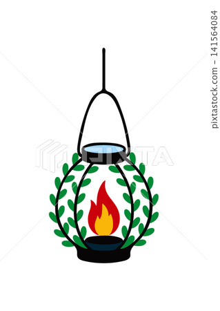 A decorative hanging lantern featuring a bright glowing flame inside a metal cage adorned, vector illustration. A decorative hanging lantern featuring a bright glowing flame inside a metal cage adorned, vector illustration. 141564084