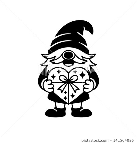 A black and white line art illustration of a cute garden gnome holding a heart shaped gift box vector illustation. 141564086