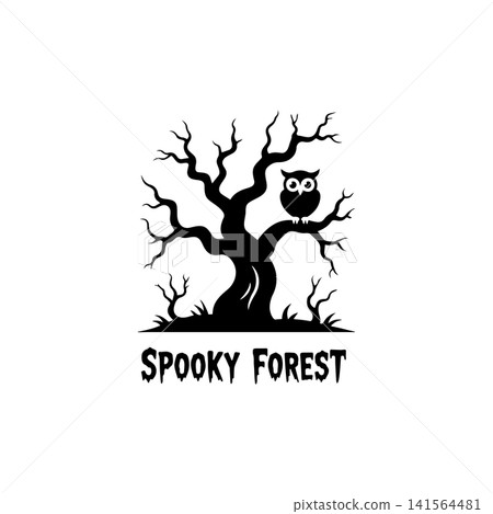 A black and white graphic illustration featuring a spooky bare tree vector illustration. A black and white graphic illustration featuring a spooky bare tree vector illustration. 141564481
