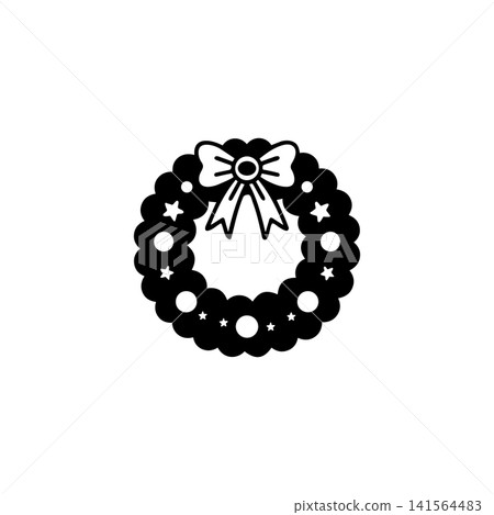 A simple black and white graphic illustration of a festive holiday wreath vector illustration. 141564483
