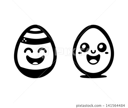 A black and white line art illustration featuring two cute cartoon eggs vector illustration. A black and white line art illustration featuring two cute cartoon eggs vector illustration. 141564484