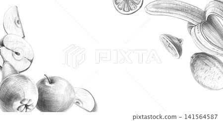 Rectangular frame with apples, pears, bananas, and lemons. Isolated pencil illustration for restaurant design, cafes, culinary blogs, food brands, farms, grocery stores, menus, and labels. Rectangular frame with apples, pears, bananas, and lemons. Isolated pencil illustration for restaurant design, cafes, culinary blogs, food brands, farms, grocery stores, menus, and labels. 141564587