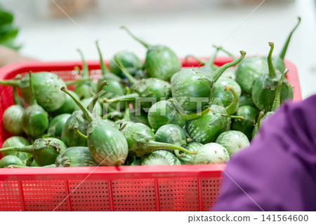 Closeup of hands selecting fresh green vegetables at a market stall 141564600