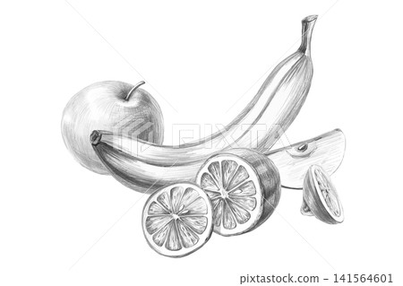 An apple with lemon and banana. This isolated pencil illustration is suitable for restaurant designs, cafes, culinary blogs, food brands, farms, grocery stores, menus, and labels. An apple with lemon and banana. This isolated pencil illustration is suitable for restaurant designs, cafes, culinary blogs, food brands, farms, grocery stores, menus, and labels. 141564601
