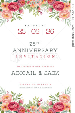 25 Years anniversary invitation card with watercolor floral background design 25 Years anniversary invitation card with watercolor floral background design 141564997