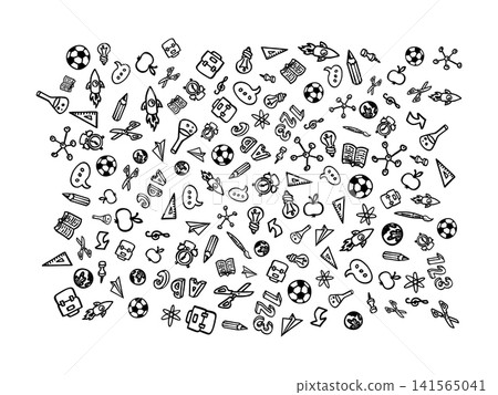 Hand drawn back to school doodle icons with pencil, abc, scissor, football etc Hand drawn back to school doodle icons with pencil, abc, scissor, football etc 141565041