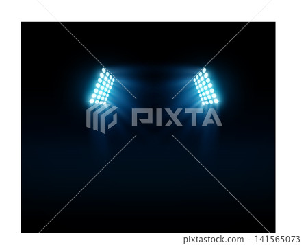 Stadium spotlights. Football field directional light sources, realistic searchlights. Illuminated studio and arena stage lamps, different directions projector Stadium spotlights. Football field directional light sources, realistic searchlights. Illuminated studio and arena stage lamps, different directions projector 141565073