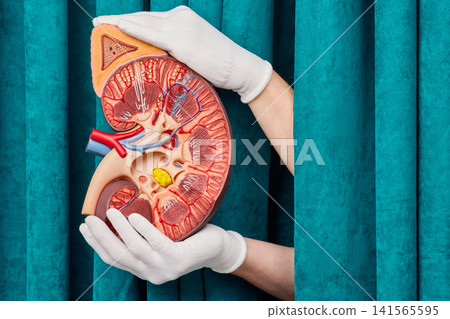Gloved hands carefully holding large anatomical cross section model of human kidney. Nephrology consultation and pyelonephritis treatment strategy. Gloved hands carefully holding large anatomical cross section model of human kidney. Nephrology consultation and pyelonephritis treatment strategy. 141565595