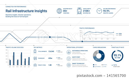 Modern rail infrastructure infographic featuring business analytics, performance dashboard, KPI metrics and railway network visualization. Minimal corporate vector template for transportation reports Modern rail infrastructure infographic featuring business analytics, performance dashboard, KPI metrics and railway network visualization. Minimal corporate vector template for transportation reports 141565700