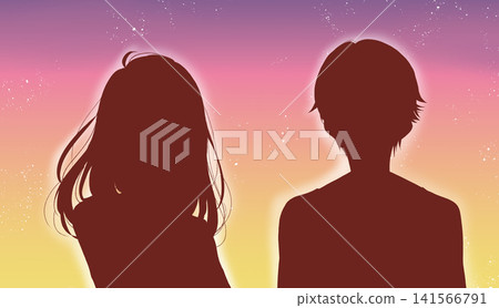 Woman and man, side by side, silhouettes, at dusk. Woman and man, side by side, silhouettes, at dusk. 141566791