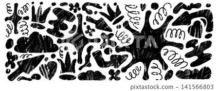 Charcoal drawn shapes with organic hand made doodle figures and elements. Rough crowns hearts clouds with stars in bold black charcoal. Vector set of abstract shape figures isolated for kids book page Charcoal drawn shapes with organic hand made doodle figures and elements. Rough crowns hearts clouds with stars in bold black charcoal. Vector set of abstract shape figures isolated for kids book page 141566803