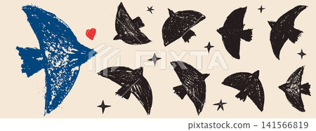 Chalk bird set with blue crayon and sparkle stars on beige background. Flying bird in chalk and charcoal with heart for poster or scrap. Vector grunge dove doodle in naive ink scribble art isolated Chalk bird set with blue crayon and sparkle stars on beige background. Flying bird in chalk and charcoal with heart for poster or scrap. Vector grunge dove doodle in naive ink scribble art isolated 141566819