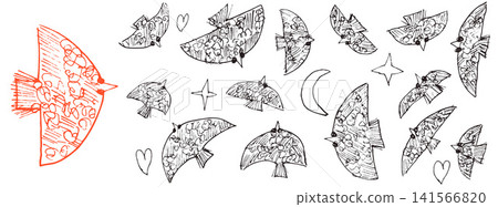 Bird set with cute folk outline and ink in hand drawn line. Cute bird sketch with crescent moon and heart for card print. Vector naive dove doodle in childish pencil scribble and crayon art isolated 141566820