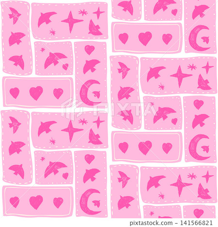 Folk seamless pattern of bird with moon fill pink bento tiles with stitch borders. Crayon bird and crescent in geometric frames as a vector pattern for print. Dove, star and heart in pastel pink Folk seamless pattern of bird with moon fill pink bento tiles with stitch borders. Crayon bird and crescent in geometric frames as a vector pattern for print. Dove, star and heart in pastel pink 141566821