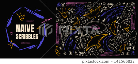 Scribble and sketch set on dark with neon yellow and colorful doodle. Naive scribble icons in pen and sketch for poster or print design. Vector bird and oval frame in childish crayon and star ink 141566822