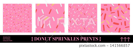 Donut sprinkle pattern with cute dash and polka dot print. Sweet pink and red ice cream sprinkle in seamless party set on pink. Vector pastry repeat pattern with confetti isolated pack Donut sprinkle pattern with cute dash and polka dot print. Sweet pink and red ice cream sprinkle in seamless party set on pink. Vector pastry repeat pattern with confetti isolated pack 141566857