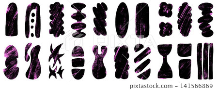 Trendy geometric sticker shapes with grunge texture for punk zine and badge. Gritty crayon element with figure marks in noisy abstract form. Vector geometric set of organic shapes for poster and label Trendy geometric sticker shapes with grunge texture for punk zine and badge. Gritty crayon element with figure marks in noisy abstract form. Vector geometric set of organic shapes for poster and label 141566869