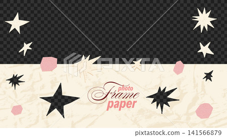 Crumpled paper frame with cutout star confetti shapes, and a scattered pattern. Beige overlay with a vector background for a photo o social media cover. Paper texture with a romantic ephemera collage Crumpled paper frame with cutout star confetti shapes, and a scattered pattern. Beige overlay with a vector background for a photo o social media cover. Paper texture with a romantic ephemera collage 141566879